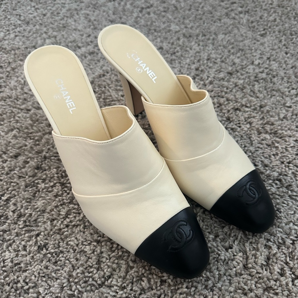 Chanel Interlocking CC Logo Mules, Block Heels